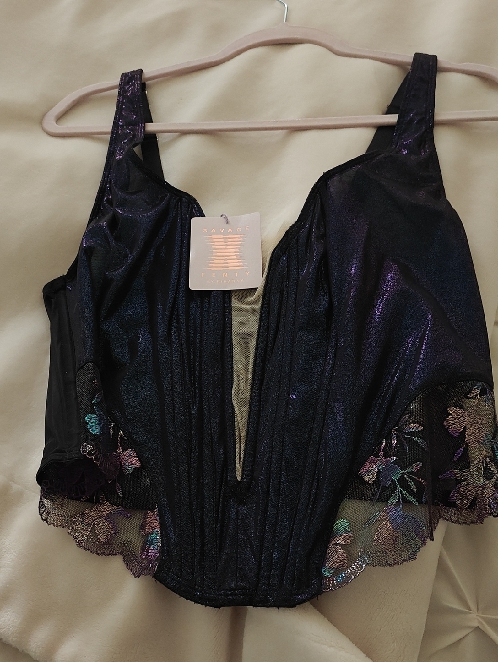 Savage X Fenty Black Bustier Top with Lavender Tag